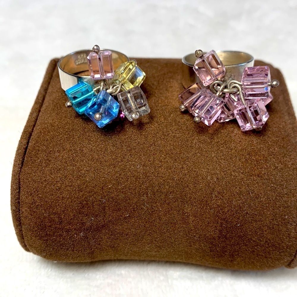 Set Of Two Dangling Beaded Silver Rings Pink And Multicolored